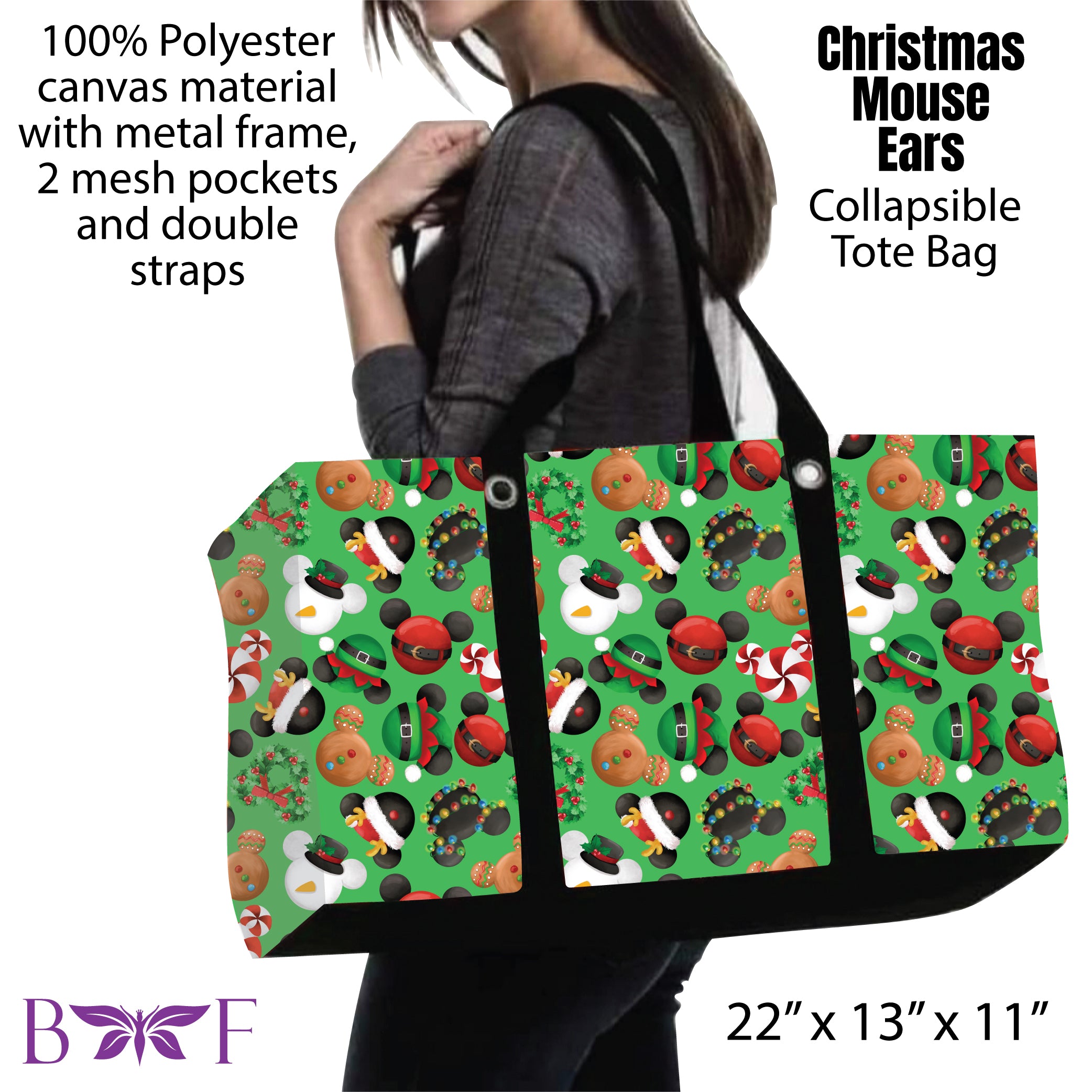 Christmas Mouse Ears tote with 2 inside mesh pockets