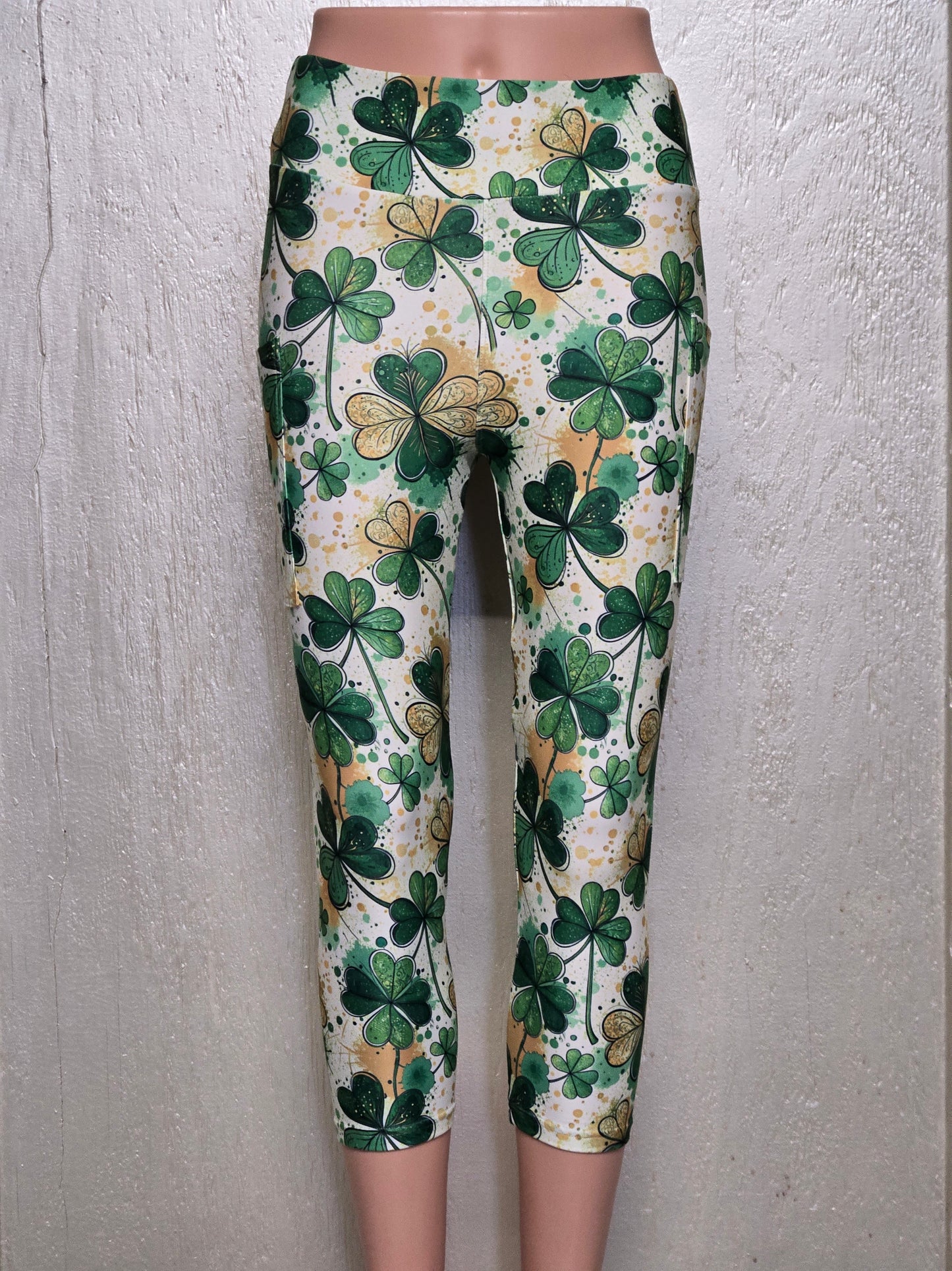Green and Gold Clovers skorts, leggings and capris with pockets
