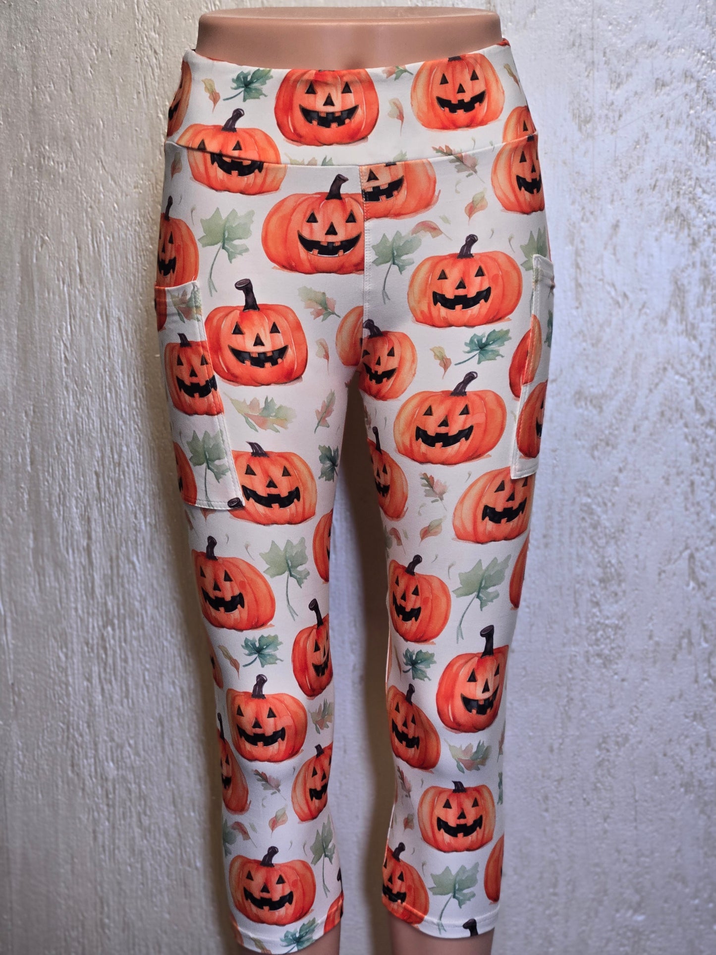 Watercolor pumpkin leaves capris with pockets