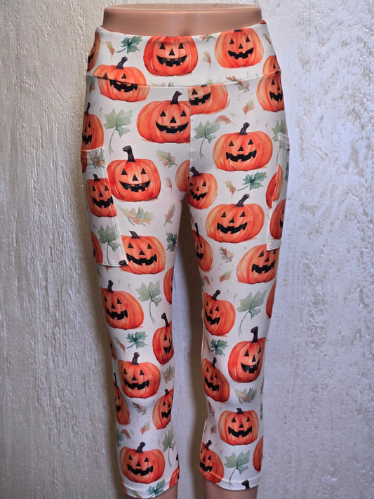 Watercolor pumpkin leaves capris with pockets