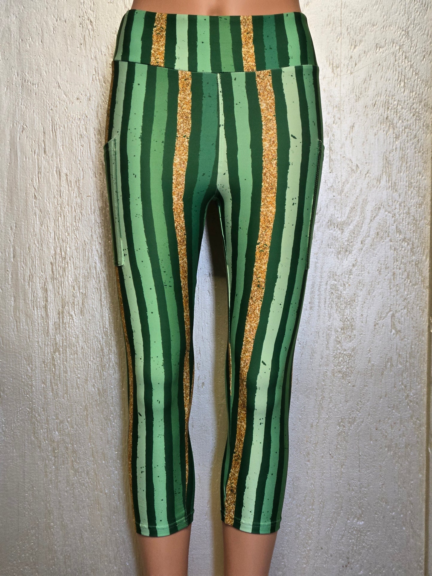 Green and Gold Stripes capris with pockets