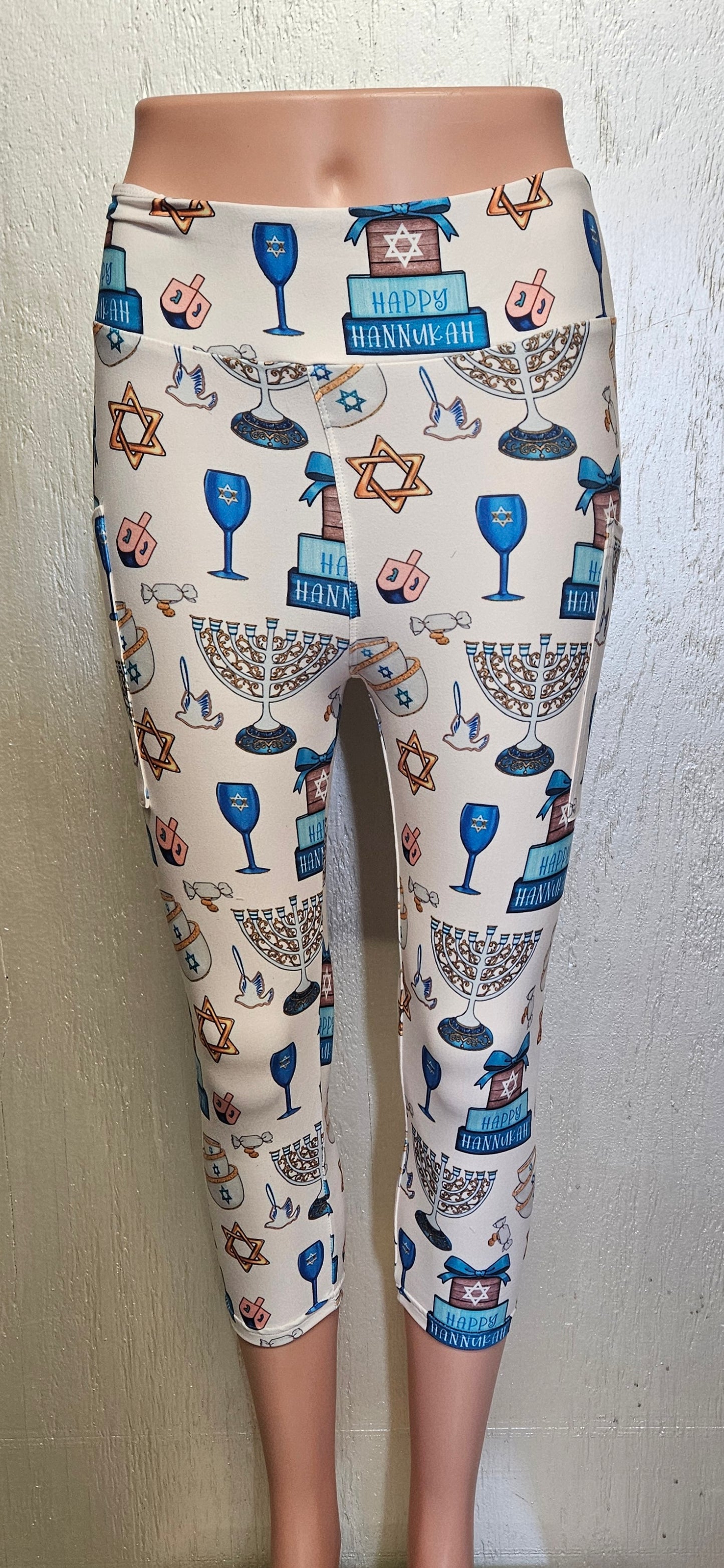 Happy Hanukkah on White leggings and capris with pockets