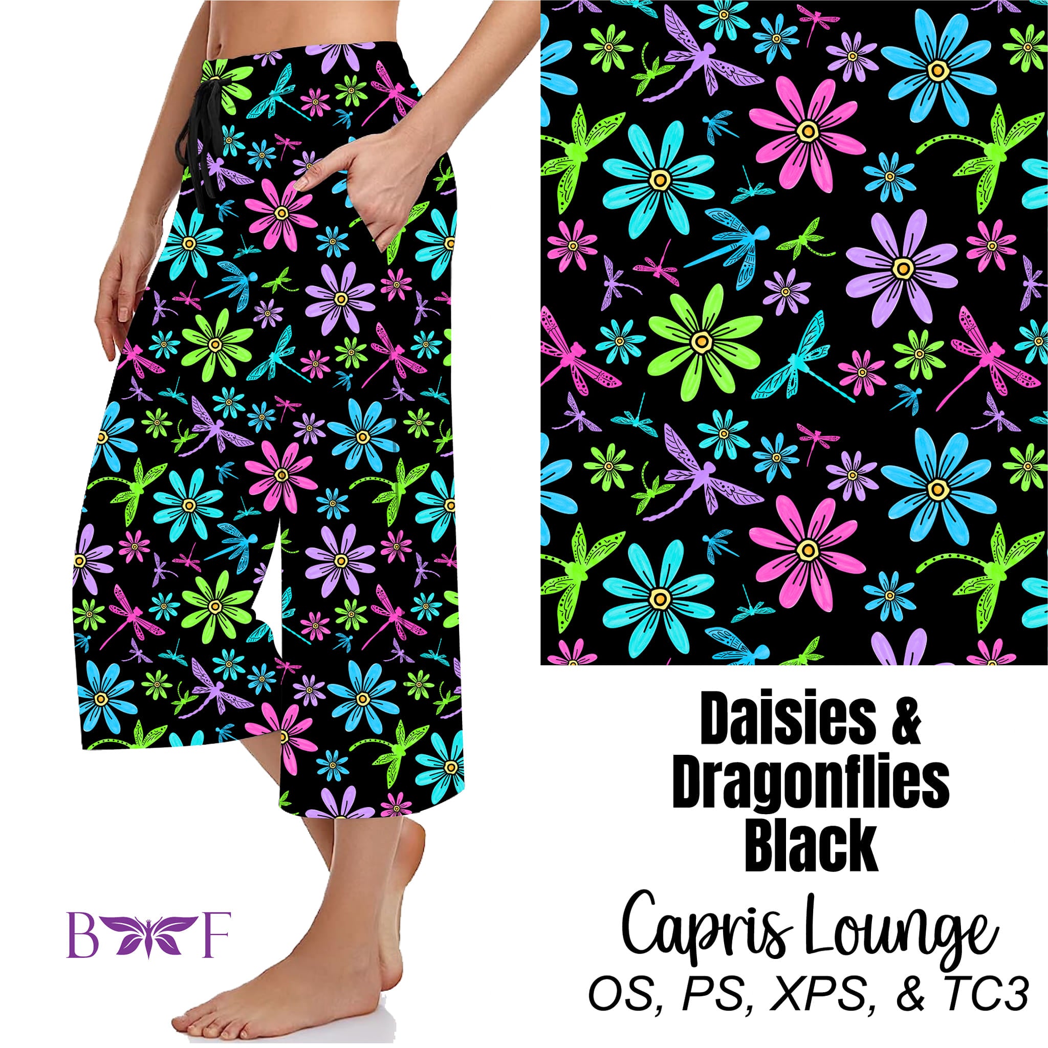 Daisies & Dragonflies Black Leggings