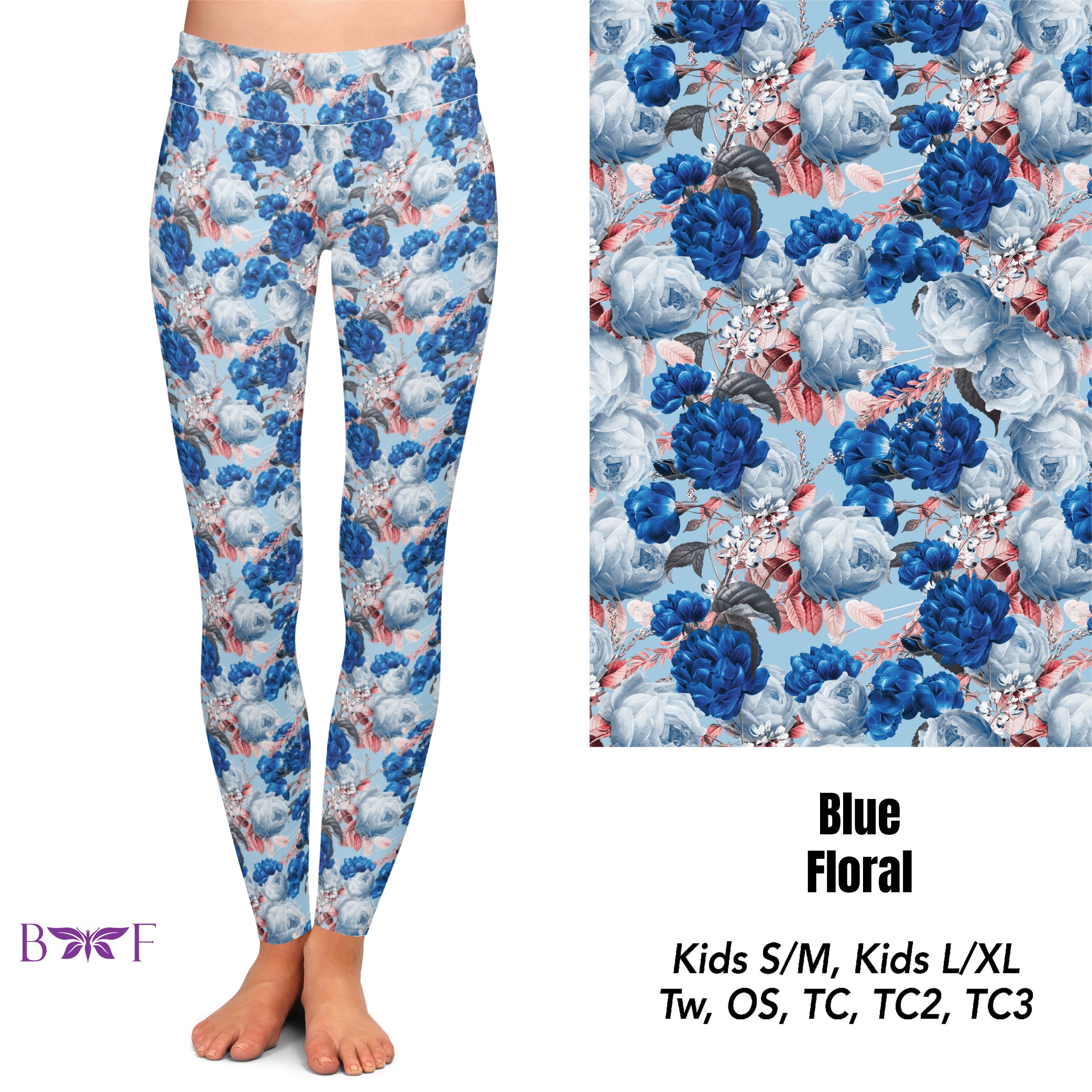 Blue Floral Leggings, Capris, and 7" Jogger Shorts
