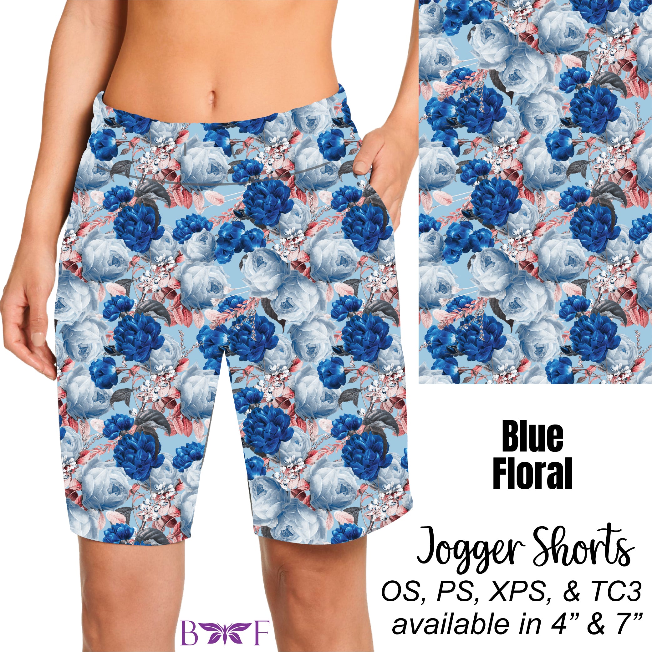 Blue Floral Leggings, Capris, and 7" Jogger Shorts