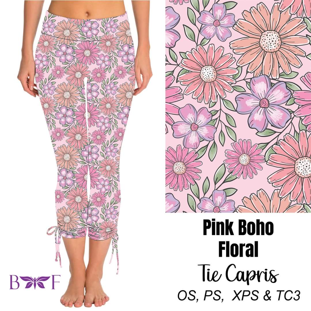 Pink Boho Floral side tie capris available with pockets