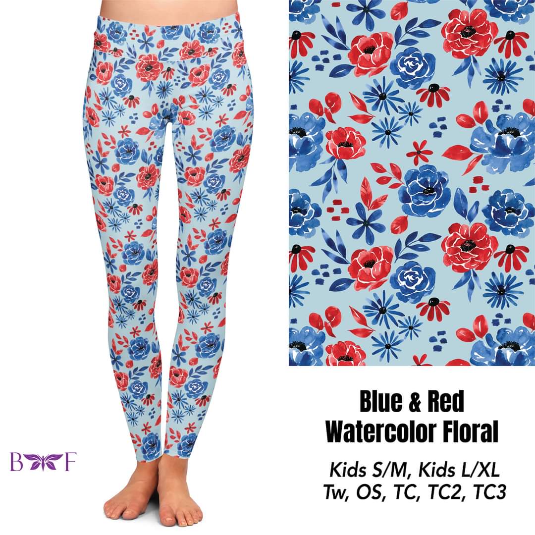 Blue & Red Watercolor Floral Capris with pockets