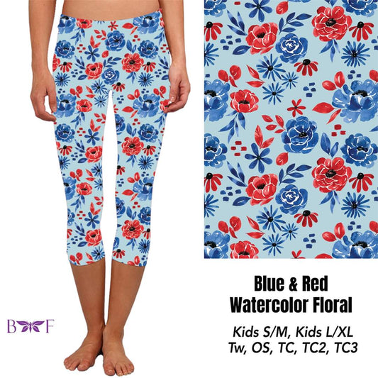 Blue & Red Watercolor Floral capris and skorts with pockets