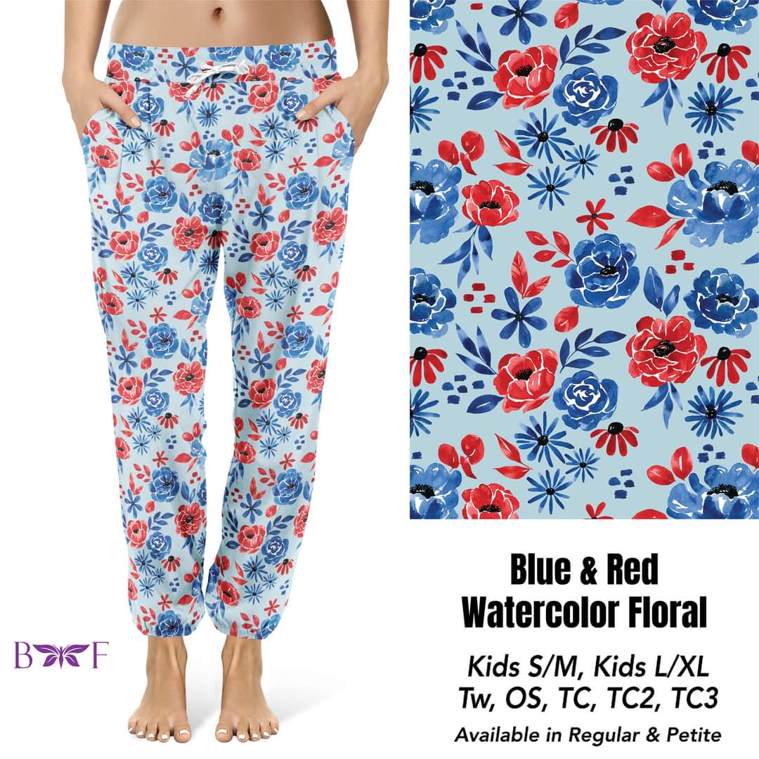 Blue & Red Watercolor Floral Capris with pockets