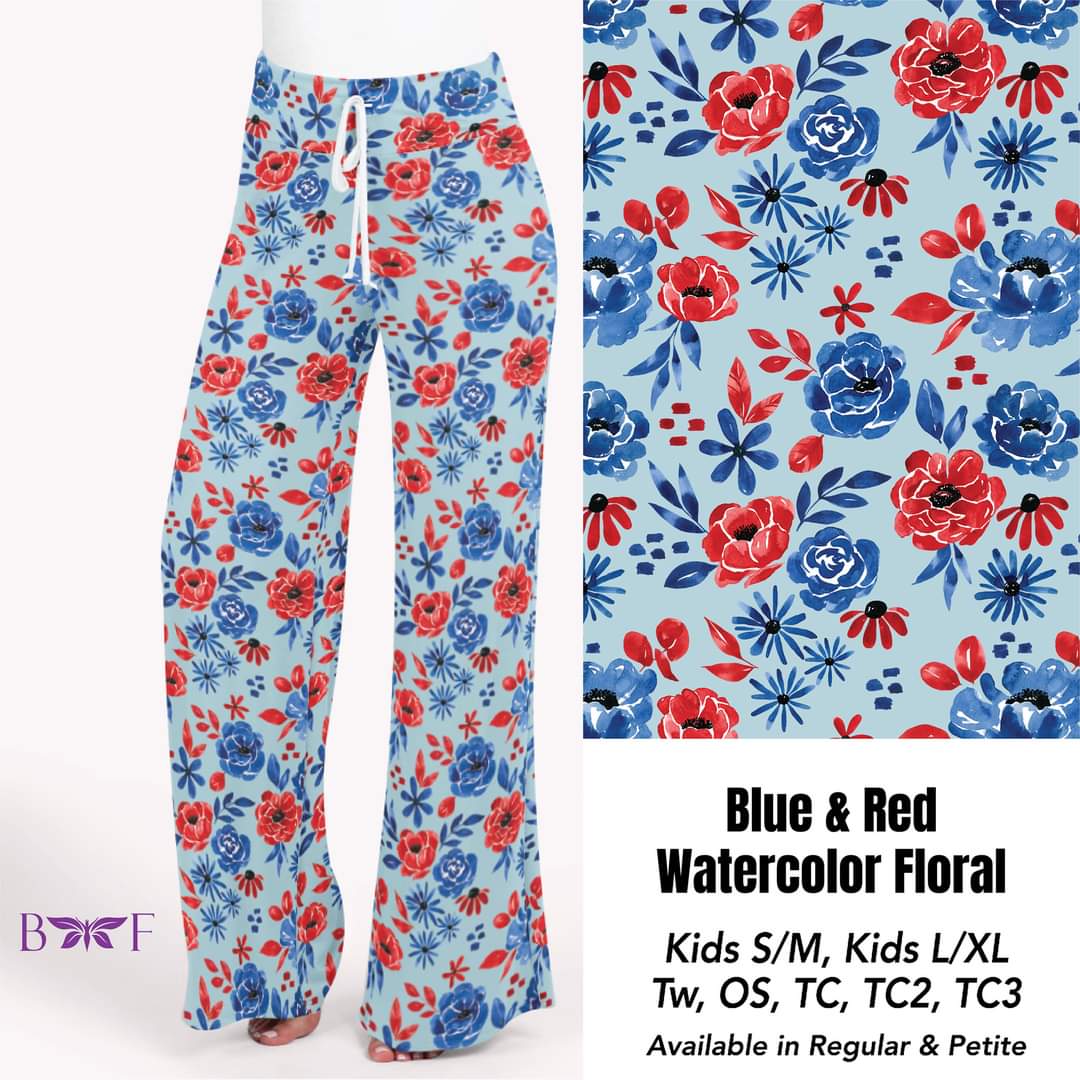 Blue & Red Watercolor Floral Capris