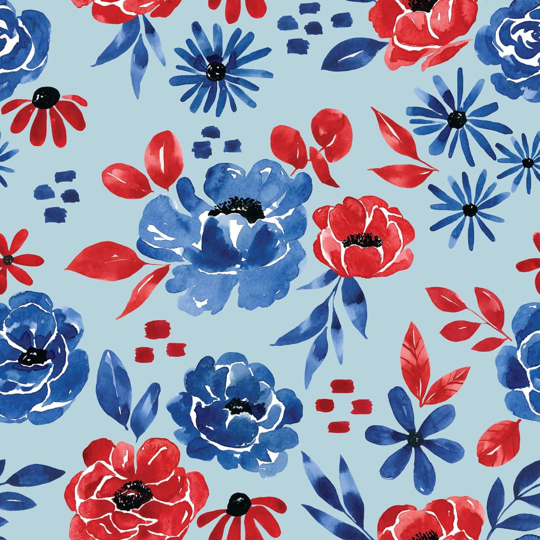Blue & Red Watercolor Floral Capris
