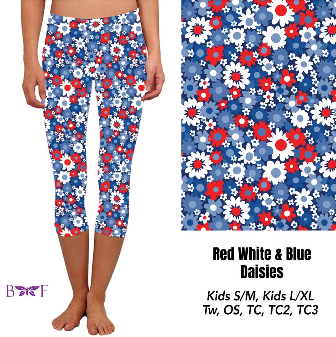 Red White and Blue Daisies Capris and Leggings