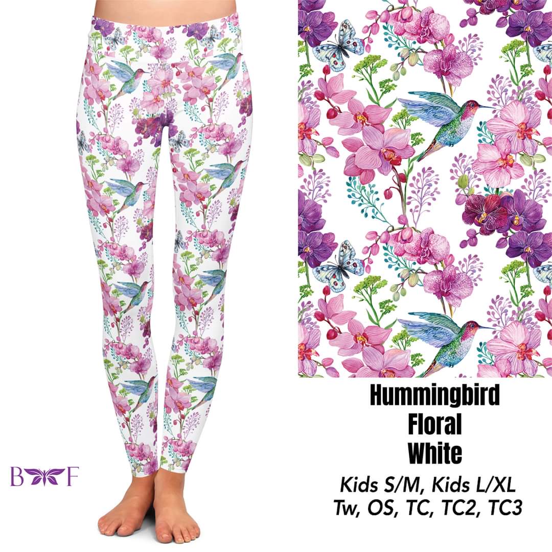 Hummingbird Floral White capris, capri lounge pants, and shorts