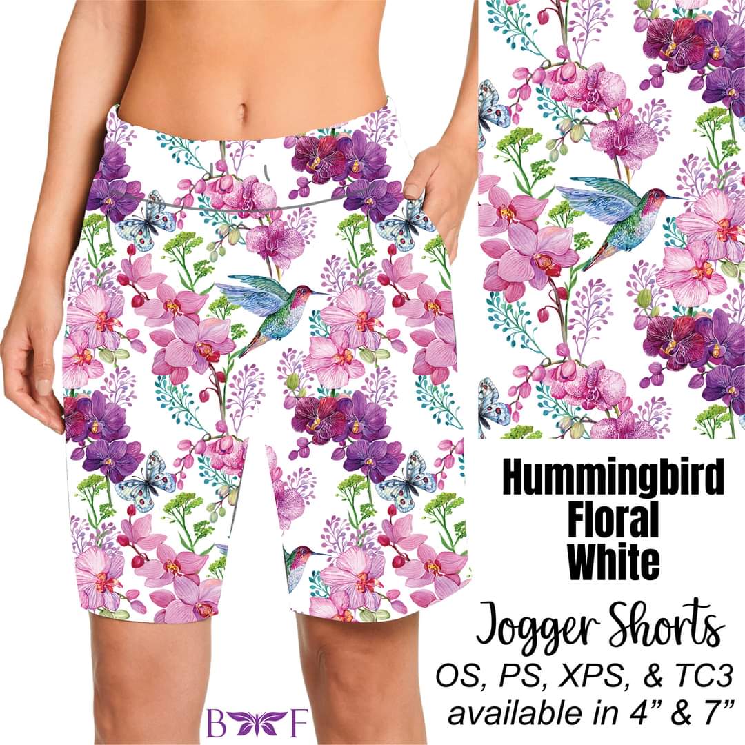 Hummingbird Floral White capris, capri lounge pants, and shorts