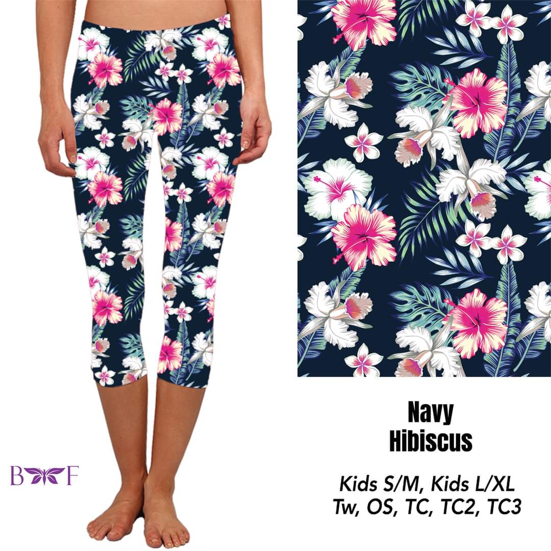 Navy Hibiscus Bike Shorts and capris with pockets