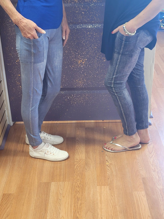 Blue & Black Faux Denim capris with pockets