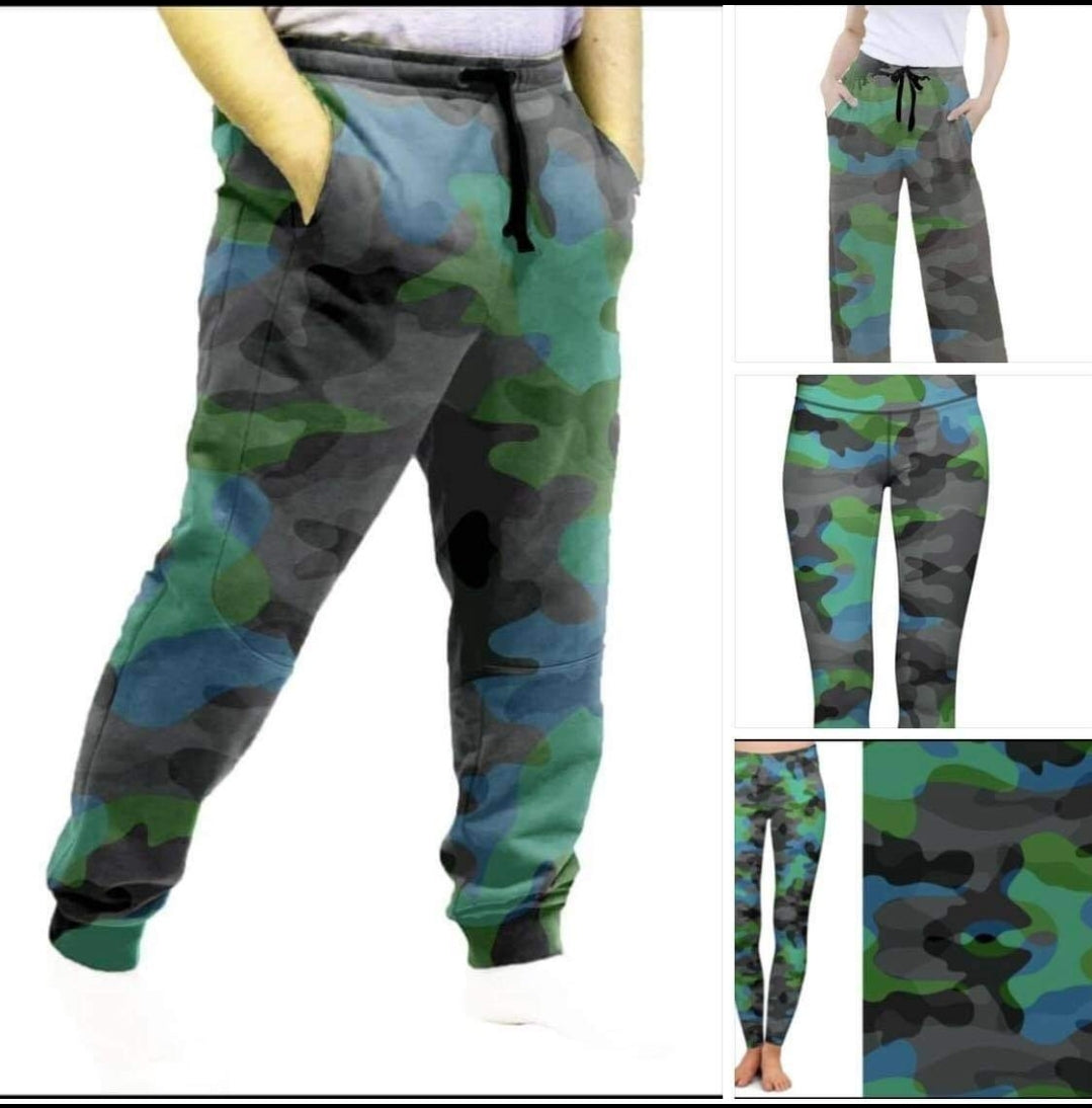 Blue/Green Camo leggings, capris and joggers