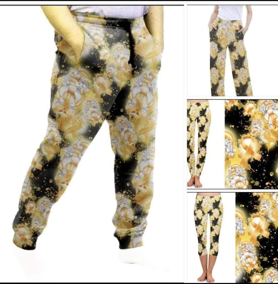 Yellow Cancer awareness Ribbon Leggings, Capris, Joggers, petite and regular Lounge