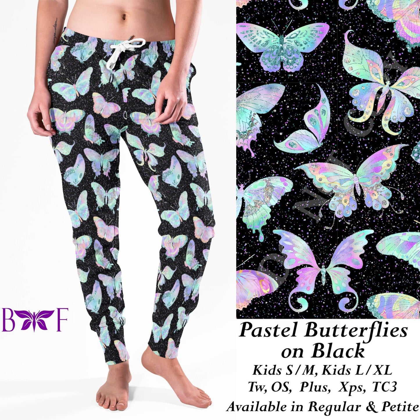 Pastel Butterflies on Black- Leggings and Loungers with pockets